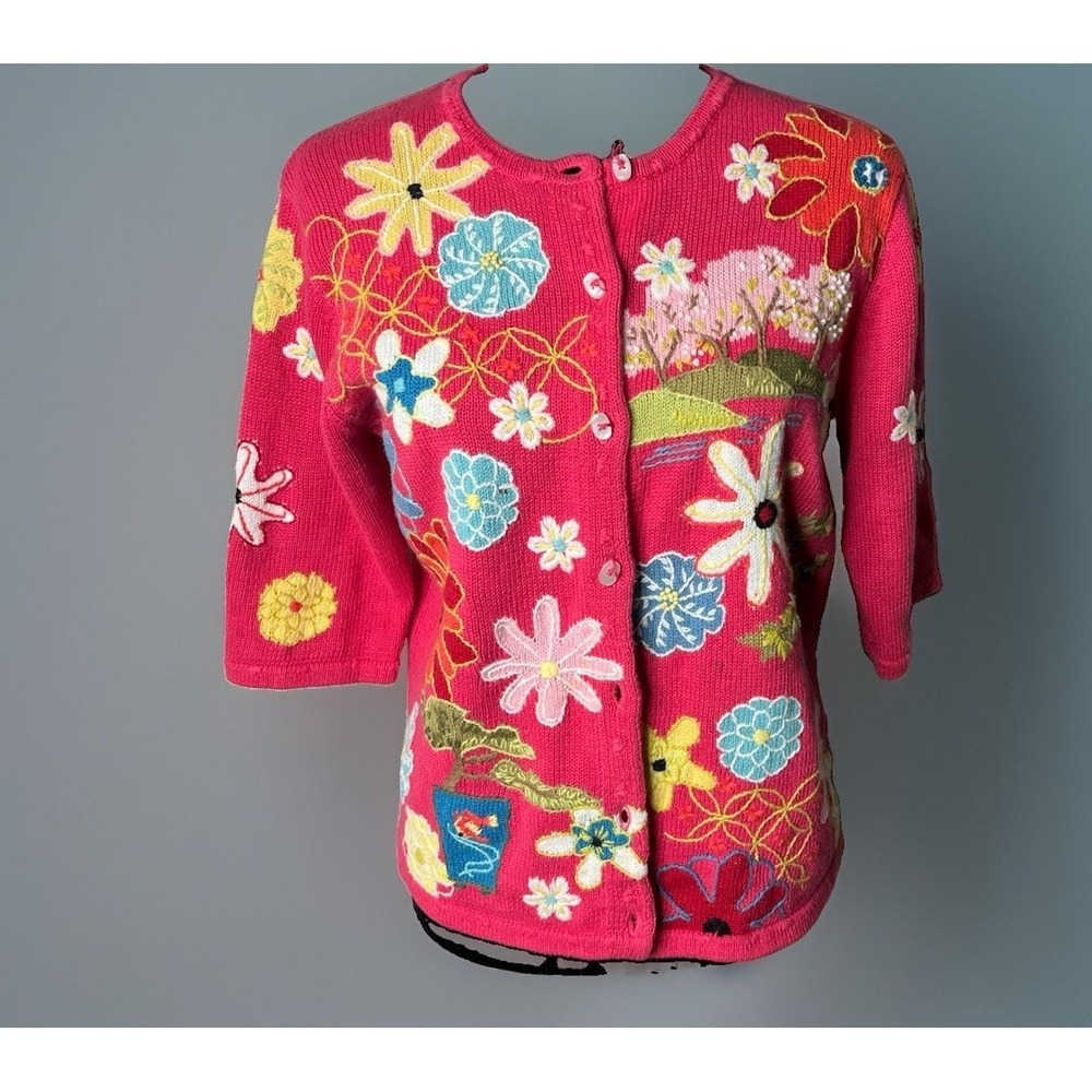 Vtg Susan Bristol Women's 3/4 Short Sleeve Cardigan Sweater Pink Flowers Sz M